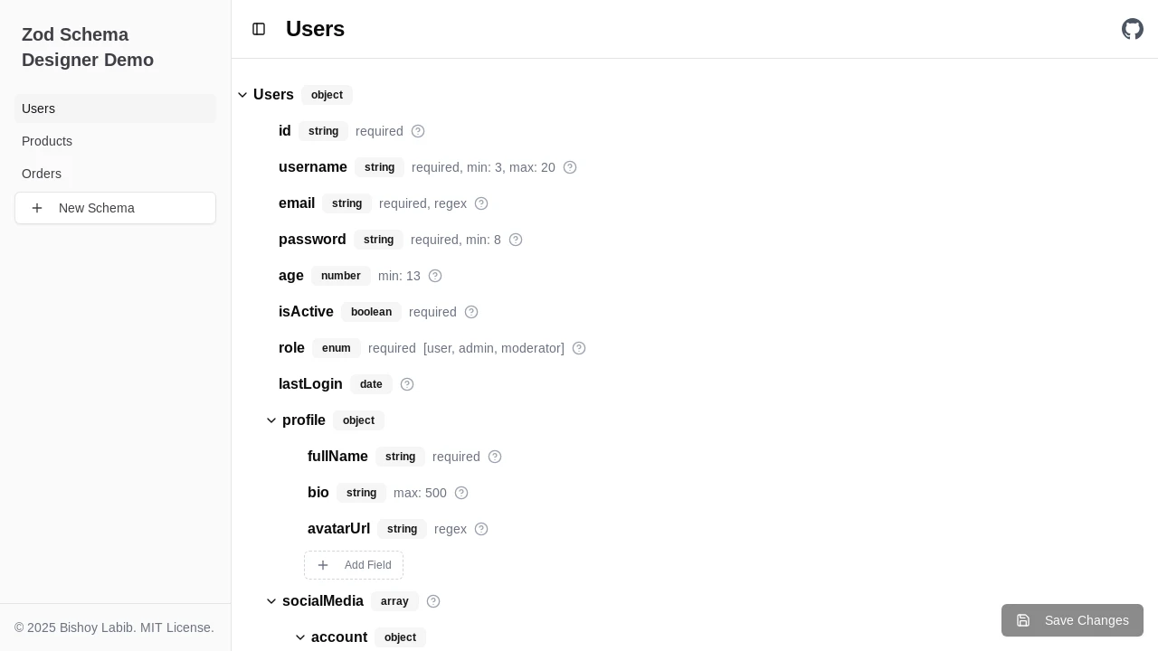 A screenshot of Zod Schema Designer
