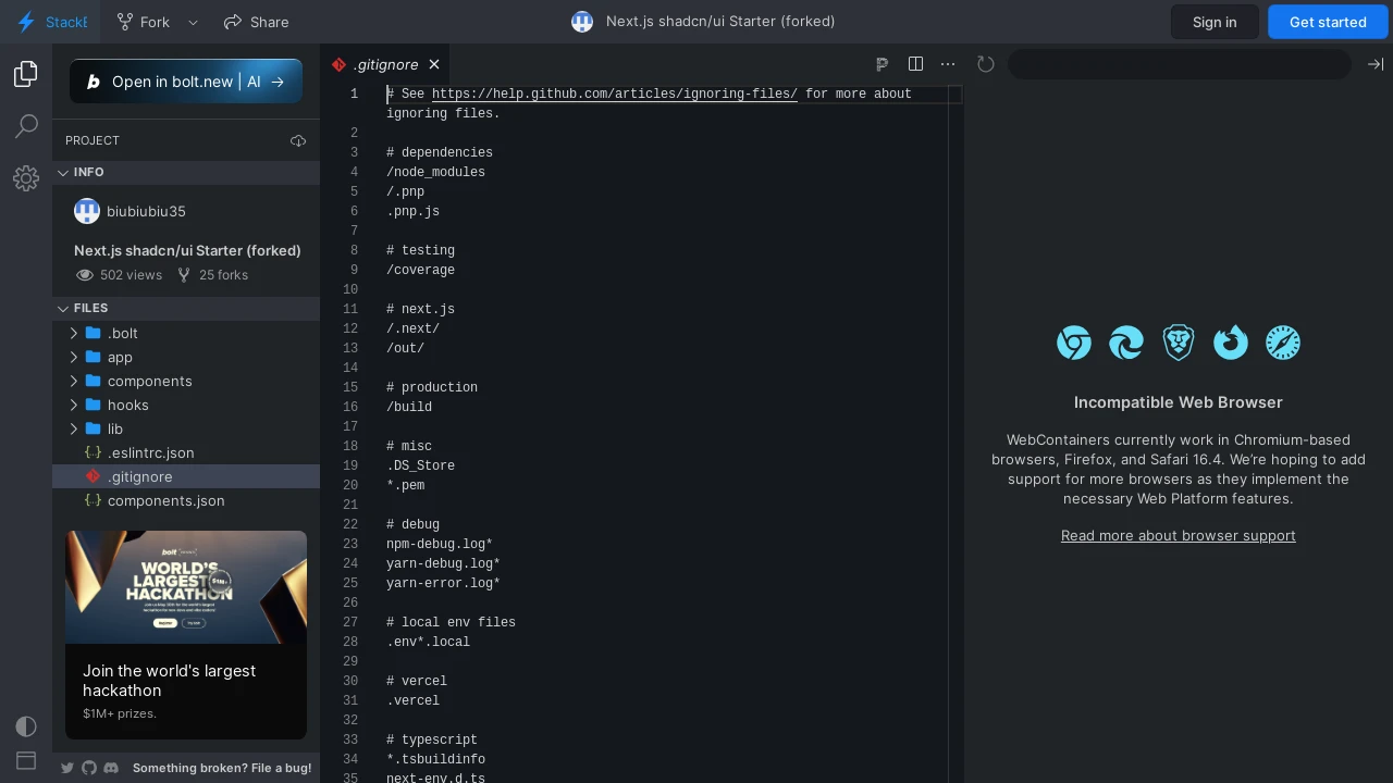 A screenshot of Bolt Nextjs Shadcn Starter