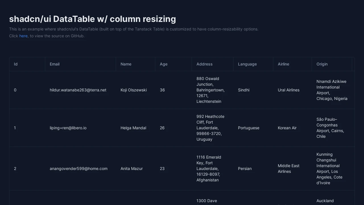 A screenshot of Shadcn Data Table Resize Columns