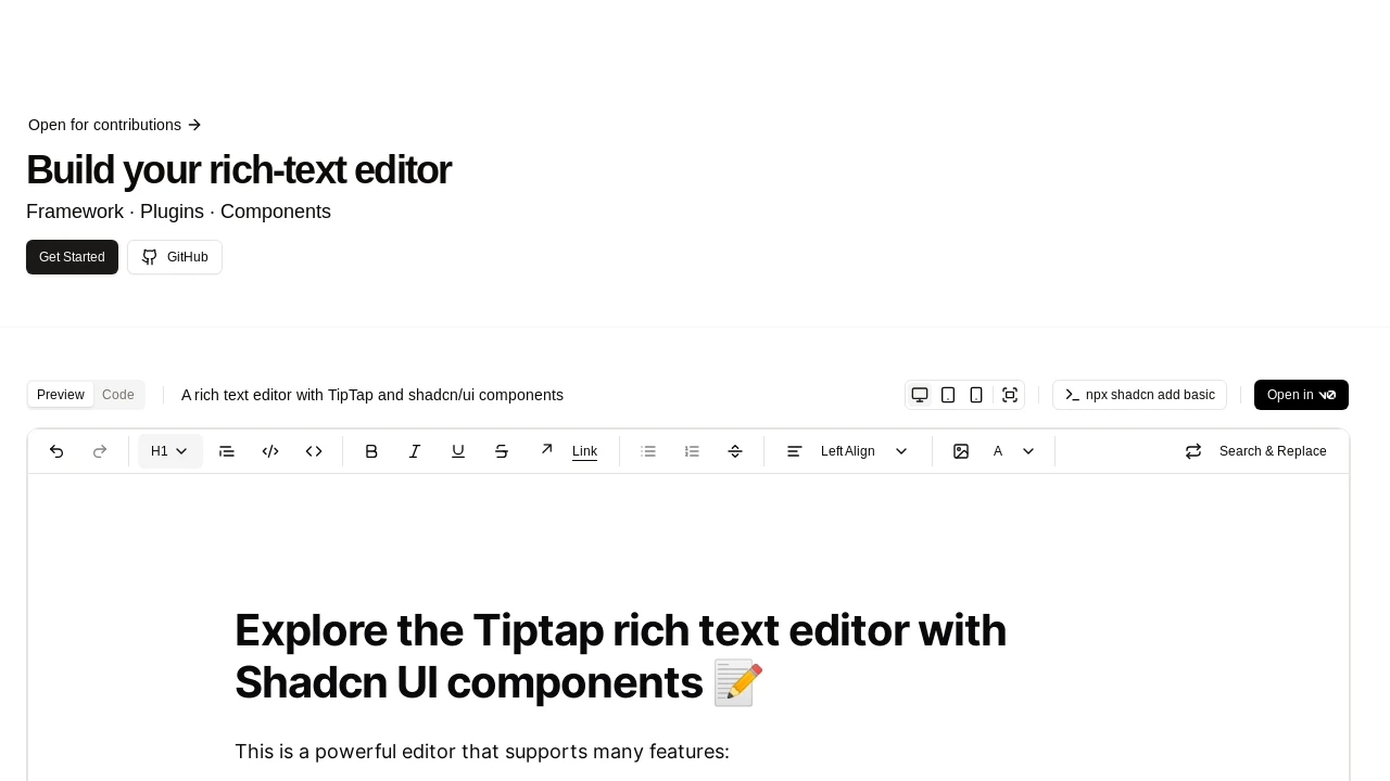 A screenshot of Tiptap Shadcn