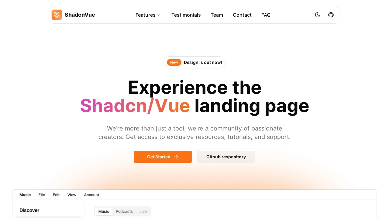 A screenshot of Shadcn Vue Landing Page