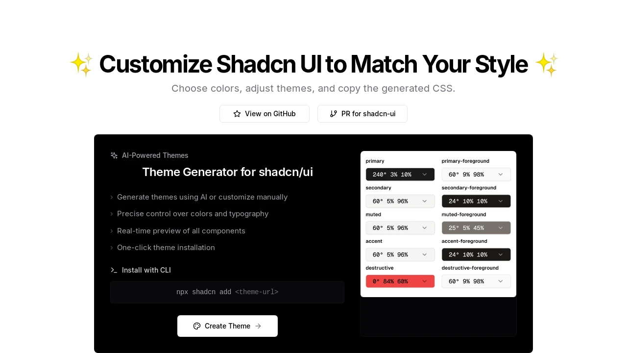 A screenshot of Shadcn UI Customizer