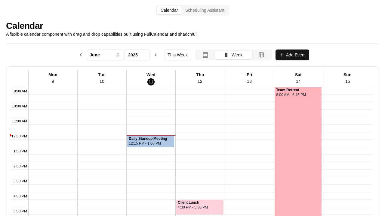 A screenshot of Shadcn UI Fullcalendar Example