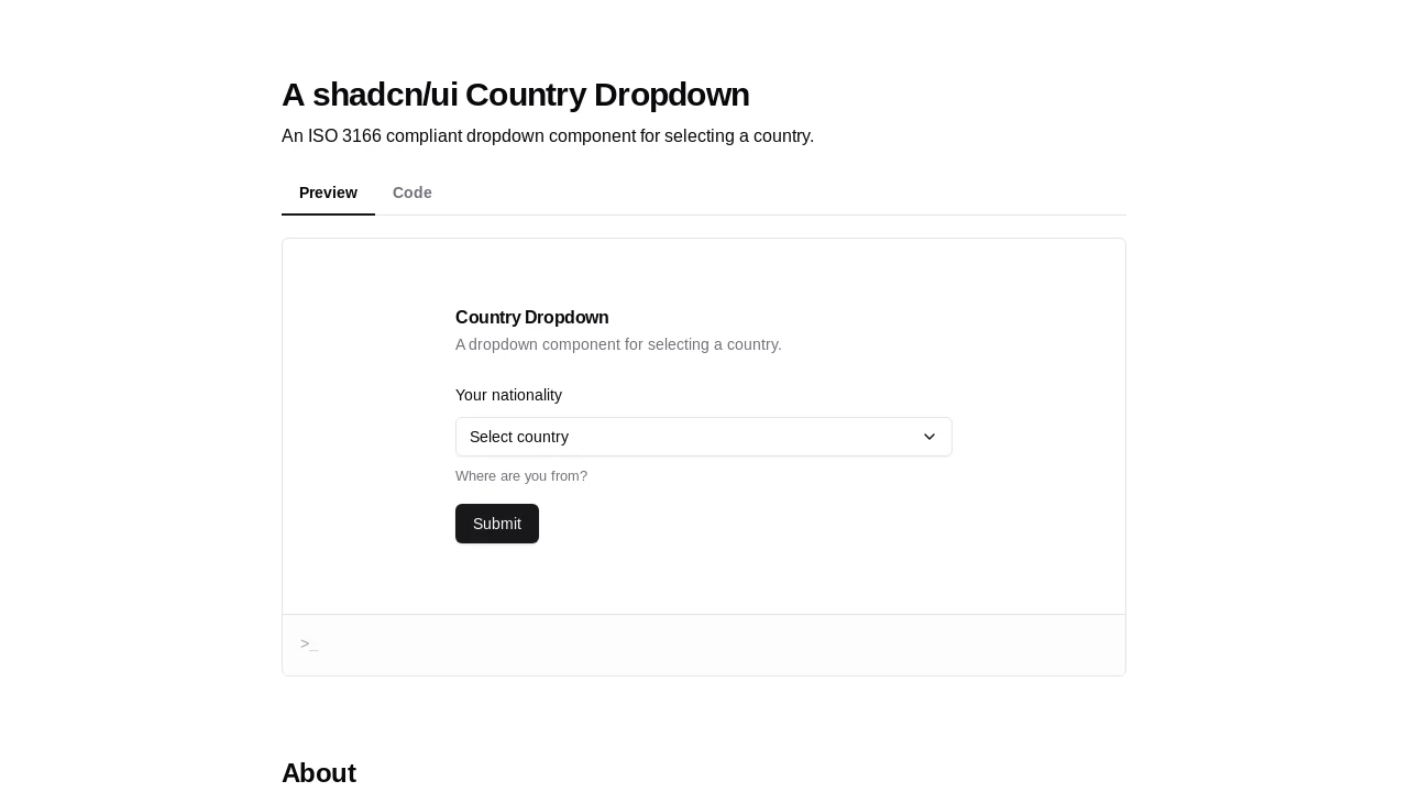 A screenshot of shadcn-country-dropdown