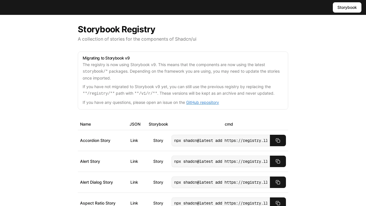 A screenshot of shadcn-storybook-registry