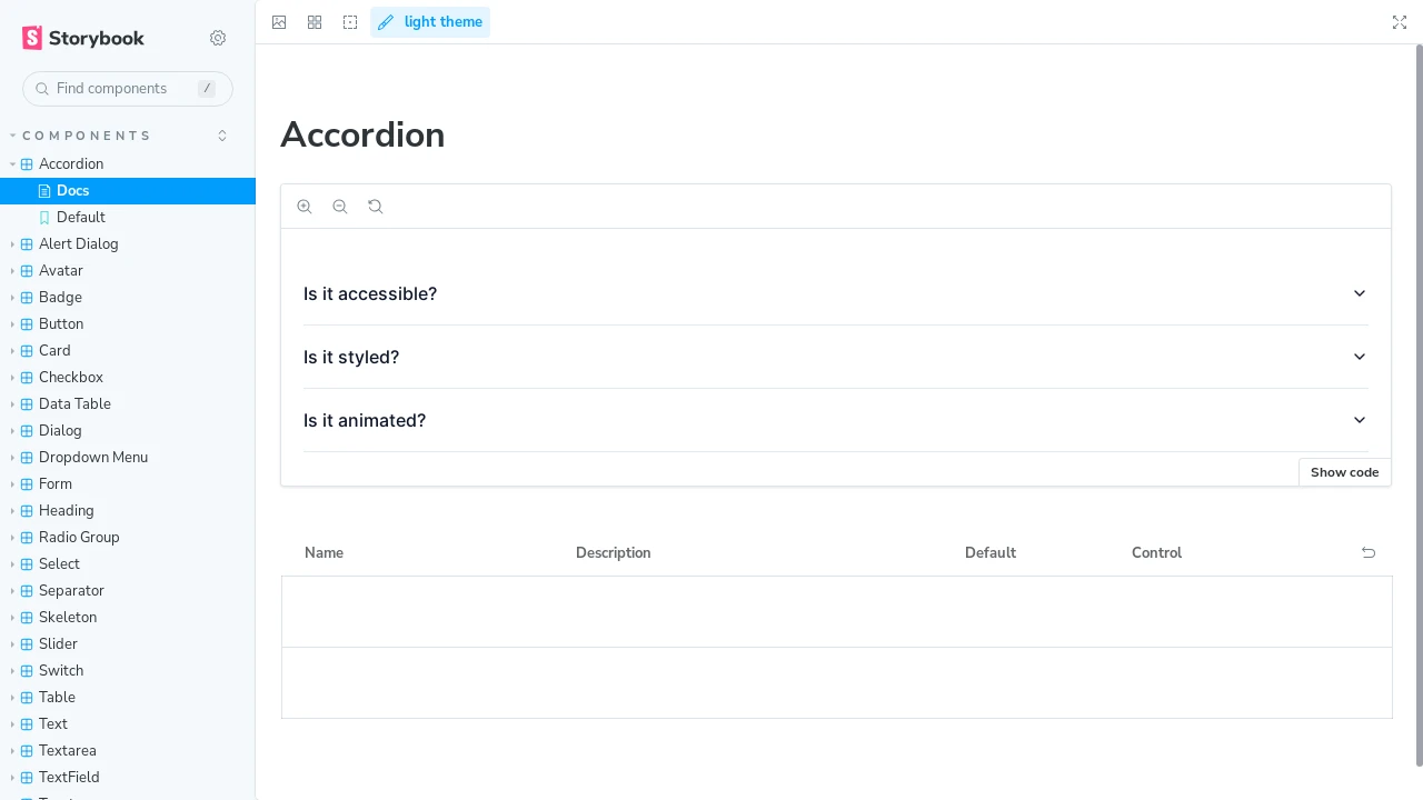 A screenshot of shadcn-ui-storybook (fellipeutaka)