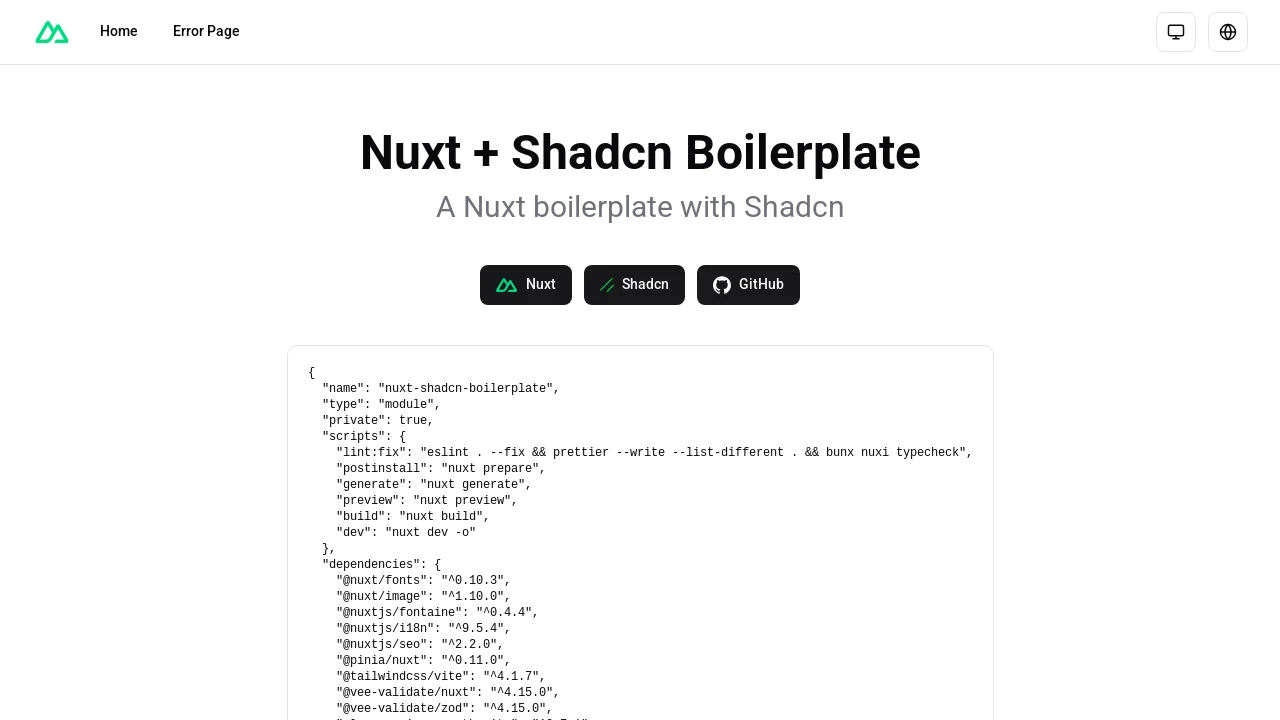 A screenshot of Nuxt Shadcn Boilerplate
